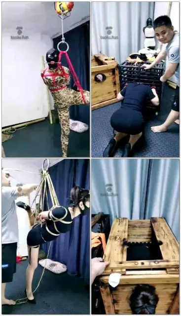 【紧缚体验室】豹纹紧身衣驷马捆绑悬吊,木枷强制放口水