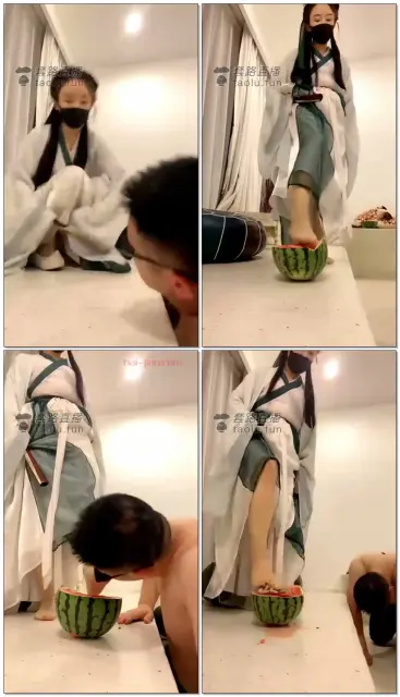 【乔安S】古风美女西瓜味道的袜子喂狗，舔鞋底脚喂食西瓜