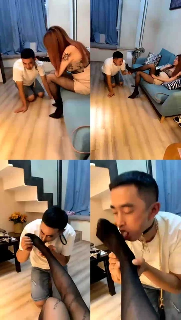 【洛洛S】混血儿调教迟到的别二狗，暴力耳光，舔鞋，舔脚，舔黑色丝袜，钻胯，喂食