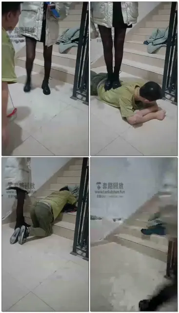 【第一帅男神】极品黑丝美女首次楼梯调教，耳光鞭打舔鞋踩踏