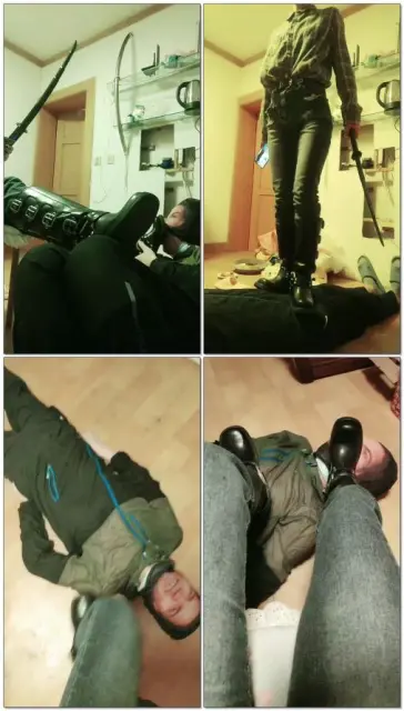 【桉】军靴黑武士刀虐狗舔皮靴全体重跳踩贱狗