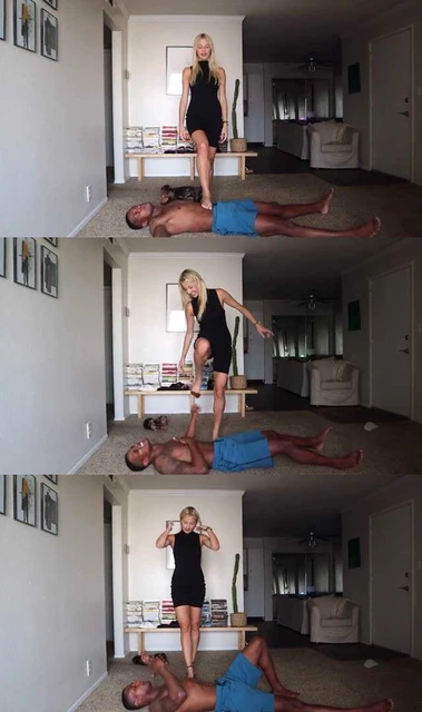 【欧美女王】白人漂亮女友踩踏黑人男友 多种鞋子裸足踩踏