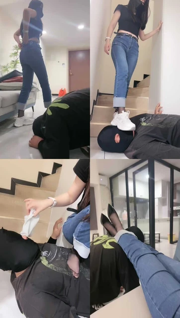 【槿一】牛仔裤黑丝白袜运动鞋-全体重踩踏